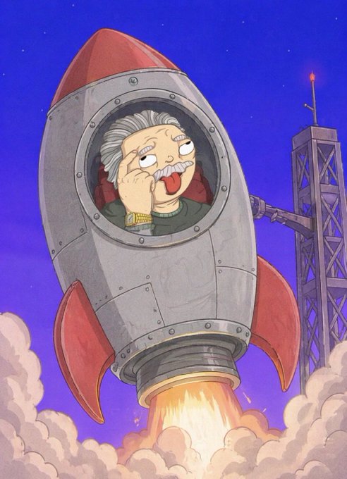 An animated cartoon depicts an elderly man with a mustache and monocle making a silly face inside the window of a silver and red rocket ship blasting off into a starry night sky.