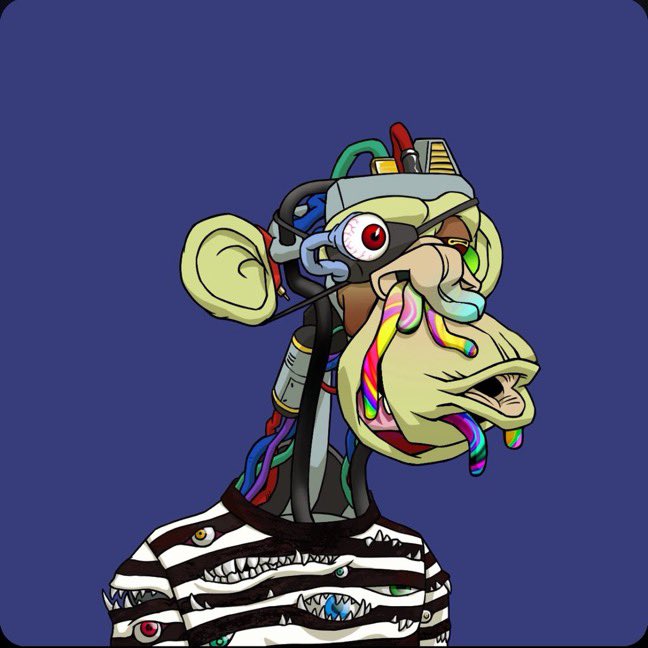 A colorful digital illustration of a grotesque Bored Ape-style character with a complex mechanical headpiece, one red eye, green eyes, exposed brain, and a striped shirt against a dark blue background.