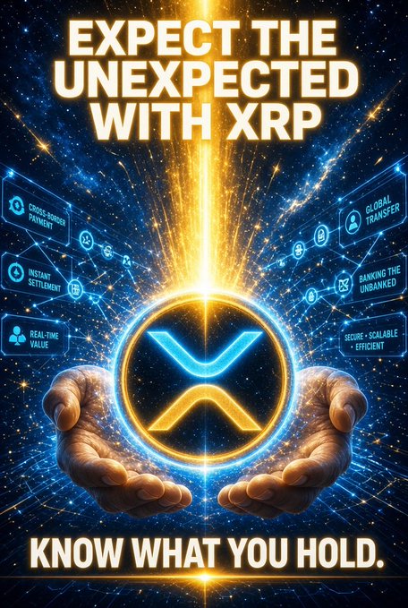 A promotional graphic featuring two hands cradling a glowing blue and gold XRP logo against a cosmic background, surrounded by feature callouts like "Cross-Border Payment," "Instant Settlement," and "Global Transfer." The bold text reads "EXPECT THE UNEXPECTED WITH XRP" and "KNOW WHAT YOU HOLD," visually reinforcing the post's confident message about $XRP reaching $589.