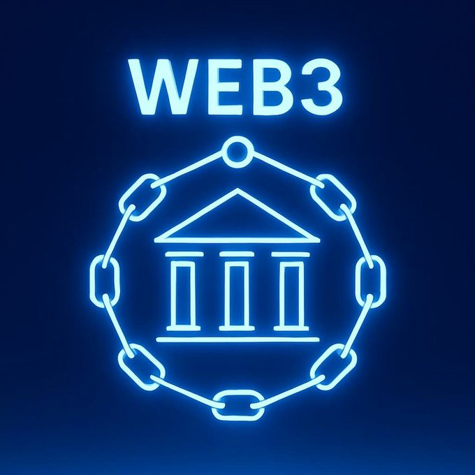 A neon blue graphic displays "WEB3" above a classical bank building icon encircled by a blockchain chain, symbolizing decentralized finance.