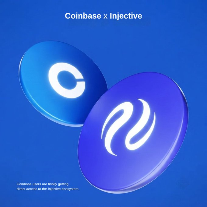 A promotional graphic featuring the Coinbase and Injective logos overlapping on a blue background, with text reading "Coinbase x Injective" and "Coinbase users are finally getting direct access to the Injective ecosystem." The image illustrates the post's announcement of Coinbase's integration with Injective ($INJ), signaling mainstream exchange adoption.