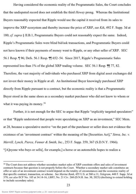 A page from a legal document (page 23) discussing the SEC v. Ripple case, analyzing the economic reality of Programmatic Sales and concluding that Programmatic Buyers 'stood in the same shoes as a secondary market purchaser who did not know to whom or what it was paying its money.'