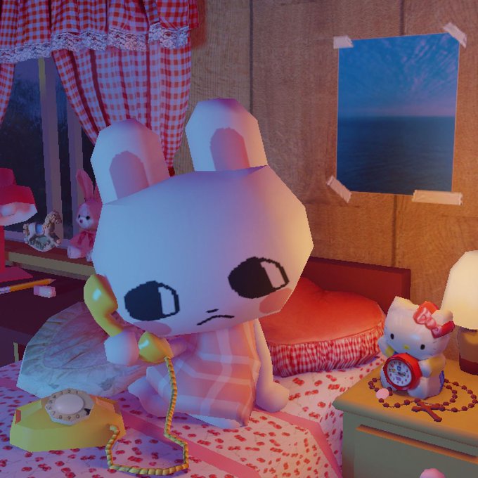 3D rendered scene of a sad-looking white rabbit character sitting on a bed in a cozy room, holding a yellow telephone receiver, with a Hello Kitty alarm clock and a framed ocean picture visible nearby.