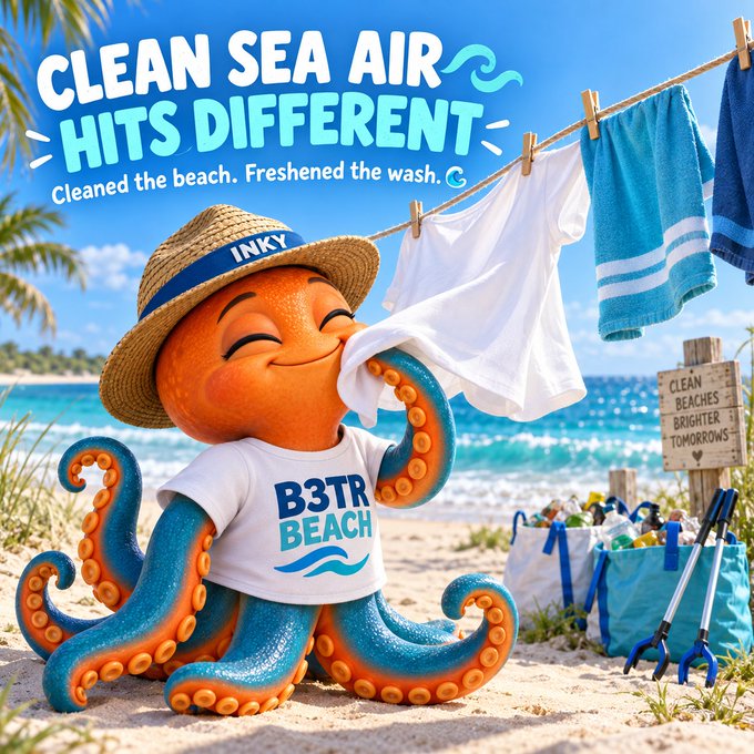 An advertisement showing an orange octopus character wearing a straw hat and 'B3TR BEACH' shirt hanging laundry on a clothesline at the beach, with the headline 'CLEAN SEA AIR HITS DIFFERENT'.