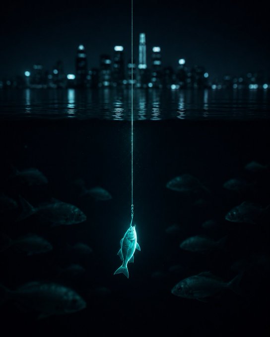 An artistic underwater fishing scene shows a fish hooked on a line descending into dark depths, with a glowing city skyline visible across the water's surface above.