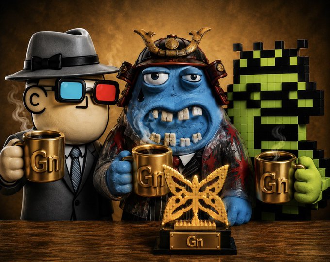 A whimsical scene features three characters—a man in a gray fedora with 3D glasses, a blue samurai-like creature with a helmet, and a green pixelated figure—all holding gold mugs labeled 'Gn', with a 'Gn' trophy displayed on a wooden table.