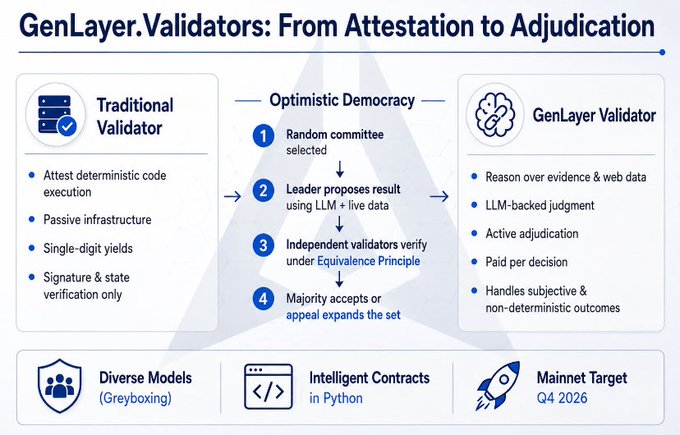 An infographic titled 'GenLayer.Validators: From Attestation to Adjudication' comparing traditional validators to GenLayer Validators through an Optimistic Democracy process with 4 steps, featuring features like Diverse Models and Intelligent Contracts, with Mainnet Target Q4 2026.