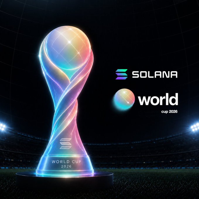 A glowing, iridescent World Cup trophy sits on a stadium field, with "SOLANA" and "World Cup 2026" branding displayed alongside it, visually representing the crypto platform's integration with the upcoming tournament as teased by the announcement about real-time prediction and gameplay during the World Cup.