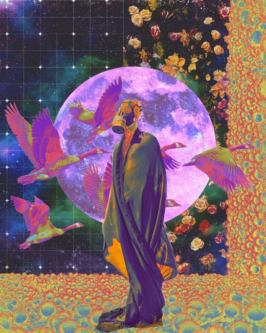 A vibrant, surreal digital artwork featuring a figure wearing a gas mask and floral crown, draped in a flowing green and purple robe, standing before a large purple moon with flying cranes and flowers.