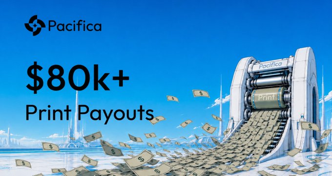 A promotional graphic for Pacifica featuring the text "$80k+ Print Payouts" against a blue background with a money-printing machine dispensing dollar bills, celebrating Pacifica Print's cumulative interest payment milestone of $80K, as referenced by the handle @pacifica_fi and tickers #Pacifica and #PCFA.