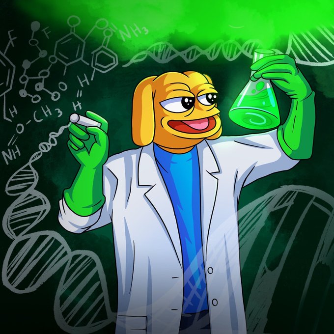 A cartoon illustration of a frog wearing a white lab coat and blue shirt, holding chemical compounds and a flask of green liquid, surrounded by DNA strands and chemical formulas.