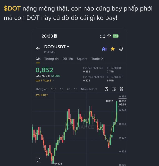 A Binance trading chart for DOT/USDT (Polkadot) showing a current price of 0.852 USDT (+2.90%), accompanied by Vietnamese commentary mocking DOT's inability to rally.