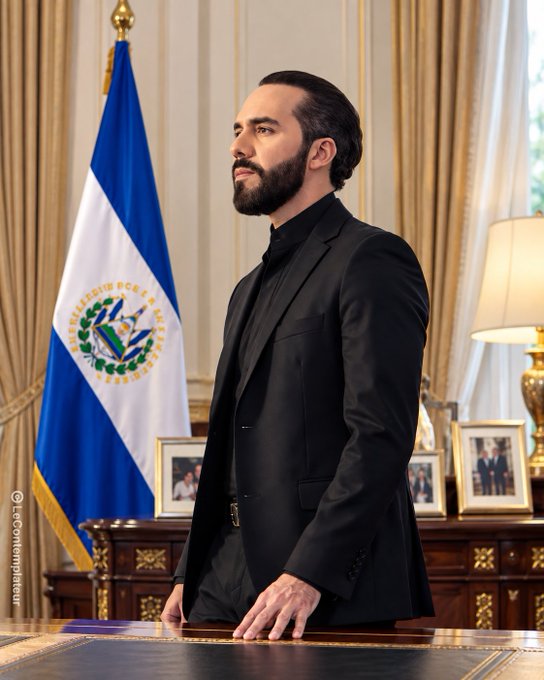 A bearded man in a black suit stands in profile beside an El Salvador flag in what appears to be an official office setting. The accompanying caption attributes the man as Nayib Bukele, expressing admiration for his leadership approach and suggesting similar policies could benefit France.