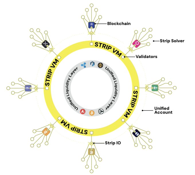 The image depicts a circular diagram illustrating the STRIP ecosystem architecture, featuring "STRIP VM" repeated around a yellow ring, with surrounding components including "Blockchain," "Strip Solver," "Validators," and "Unified Account," all connecting to a central "Unified Liquidity Layer" containing cryptocurrency icons (Ripple, Avalanche, Bitcoin, Tron, Dogecoin).

The diagram visually supports the post's message by showing how STRIP acts as a unifying infrastructure layer connecting diverse blockchain ecosystems (BTC, ETH, SOL, and others) through a shared liquidity layer and cross-chain communication framework.
