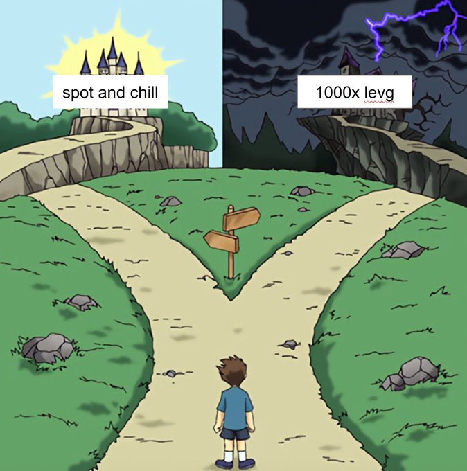 A young boy stands at a fork in the road choosing between two paths: a sunny castle labeled "spot and chill" and a dark, stormy castle labeled "1000x levg," illustrating the choice between a steady spot investment strategy versus high-risk leveraged trading.