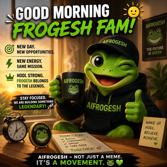'GOOD MORNING FROGESH FAM!' promotional image with a winking cartoon frog in AIFROGESH hoodie holding coffee, listing motivational crypto community slogans.