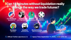 A promotional graphic asking 'Can 15 minutes without liquidation really change the way we trade futures?' featuring icons for FX Protect, Trading Powered, Secure Insure, and Blockchain, with details for an Official Twitter Space on September 11, 2024.