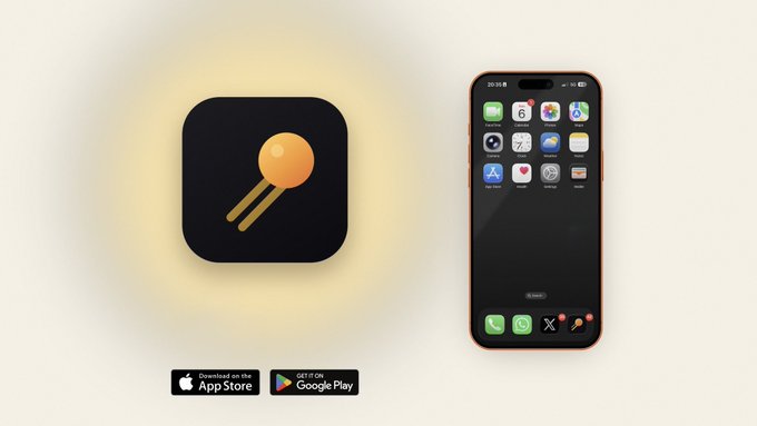 Promotional image showing a black app icon with a gold key/mushroom symbol, alongside a smartphone screen displaying various app icons, with App Store and Google Play download badges.