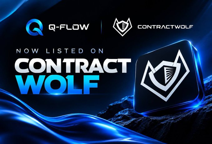 Promotional graphic with a dark blue background announcing "Q-FLOW" being "NOW LISTED ON CONTRACTWOLF," featuring the logos of both brands and a large stylized wolf head emblem.