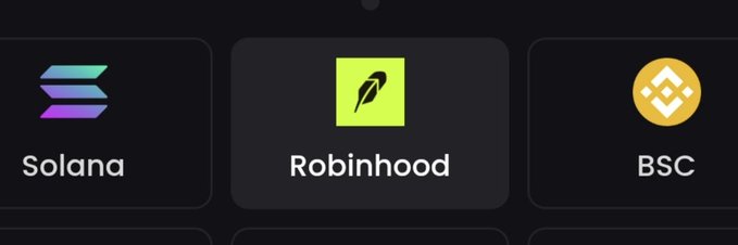 Three cryptocurrency or financial platform icons labeled 'Solana' (with a purple/blue logo), 'Robinhood' (with a green feather logo), and 'BSC' (with a yellow Binance logo) on a dark background.