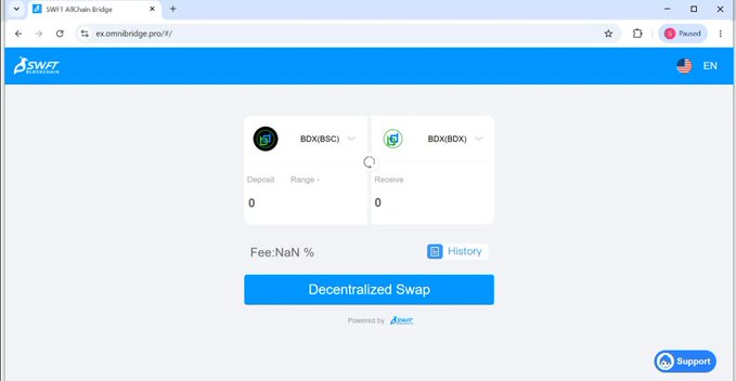 A screenshot of the SWFT ARChain Bridge website showing a decentralized swap interface for converting BDX(BSC) to BDX(DOX) with NaN% fee displayed.