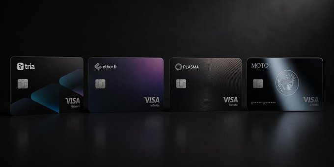Four Visa Infinite debit cards are displayed against a dark background, branded with "tria," "ether.fi," "PLASMA," and "MOTO," showcasing a lineup of crypto-friendly card options highlighted in the post about cashback rewards.