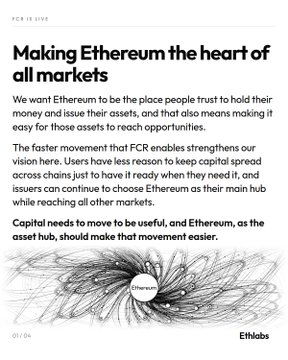 An Etherealabs infographic titled "Making Ethereum the heart of all markets" (PDF 19 Live, 01/04) argues that FCR enables faster capital spread across chains so Ethereum can serve as the main hub for asset movement, accompanied by a black, web-like illustration of Ethereum resembling a circulatory system.