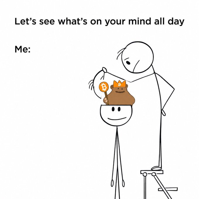 The image shows a stick figure (labeled "Me") pulling open another stick figure's head to reveal a Poopfessor (Floki/Bitcoin meme character) inside, with the caption "Let's see what's on your mind all day." This relates to the post "$GRIZZY 24/7" by humorously suggesting the creator is constantly thinking about the Grizzly-themed crypto token.