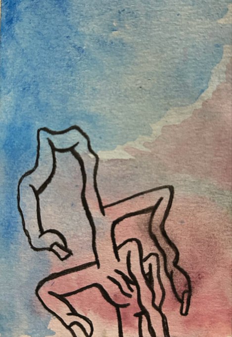 A watercolor painting with a blue and pink/red gradient background featuring a black line drawing of a figure riding a four-legged animal.