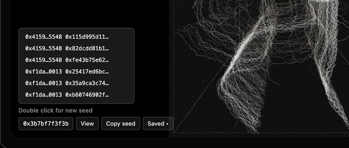 A dark interface displays a list of hexadecimal seed codes, a prompt reading 'Double click for new seed,' and a white, intricate wireframe or root-like digital pattern on the right.