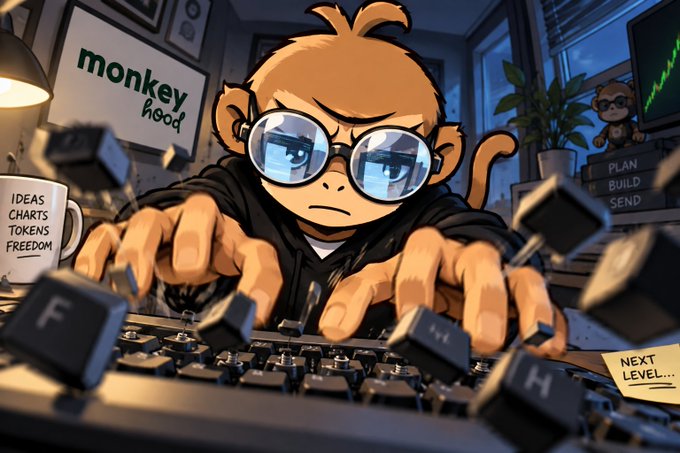 A cartoon monkey character wearing glasses types intensely on a keyboard with a monitor displaying 'monkey hood' behind it.