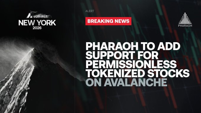 Breaking news graphic from 'Pharaoh' announcing support for permissionless tokenized stocks on Avalanche, alongside a 'Summit New York 2026' logo.