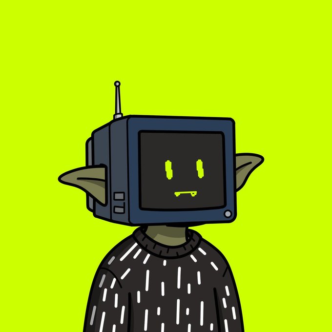 An illustrated character features a television set for a head displaying a simple pixelated green smiley face, complete with an antenna and small wings, set against a bright green background.