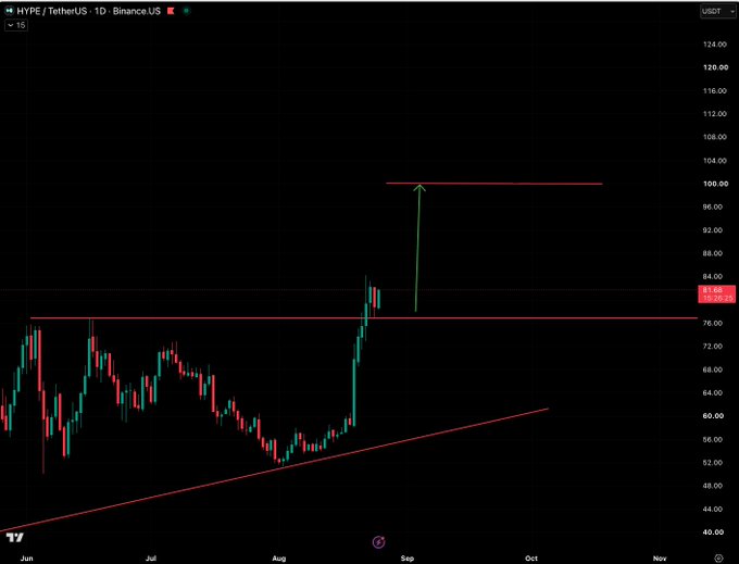 The image shows a daily candlestick chart for HYPE/USDT on Binance, with a price currently around $77.65, illustrating an ascending triangle pattern where a breakout could send the price surging toward the $100 resistance level marked by a green arrow—aligning with the "turbo candle to $100 loading" sentiment.