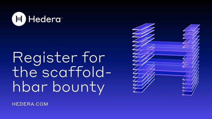 A dark blue promotional graphic for Hedera features the company's white logo and the headline "Register for the scaffold-hbar bounty," alongside a 3D rendering of a translucent purple "H" shaped like layered scaffolding, directing viewers to hedera.com to register for the $10K Scaffold-HBAR Template Bounty starting September 21.
