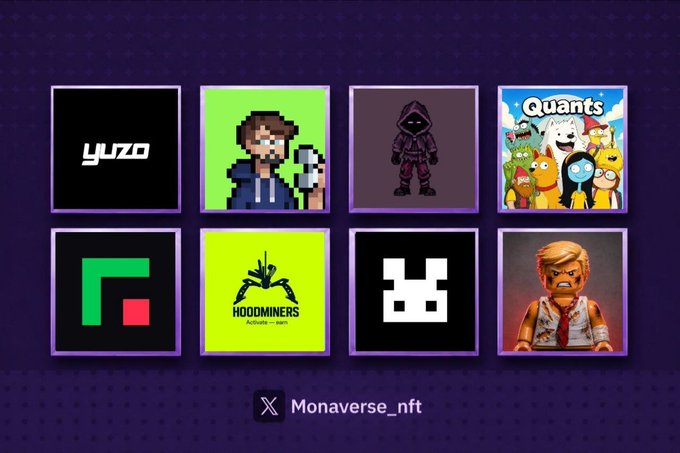 A digital NFT collection display featuring 8 character-themed tiles including 'yuza', 'Quants', and 'HOODMINERS Activate + earn', with the X handle 'Monaverse_nft' shown at the bottom.