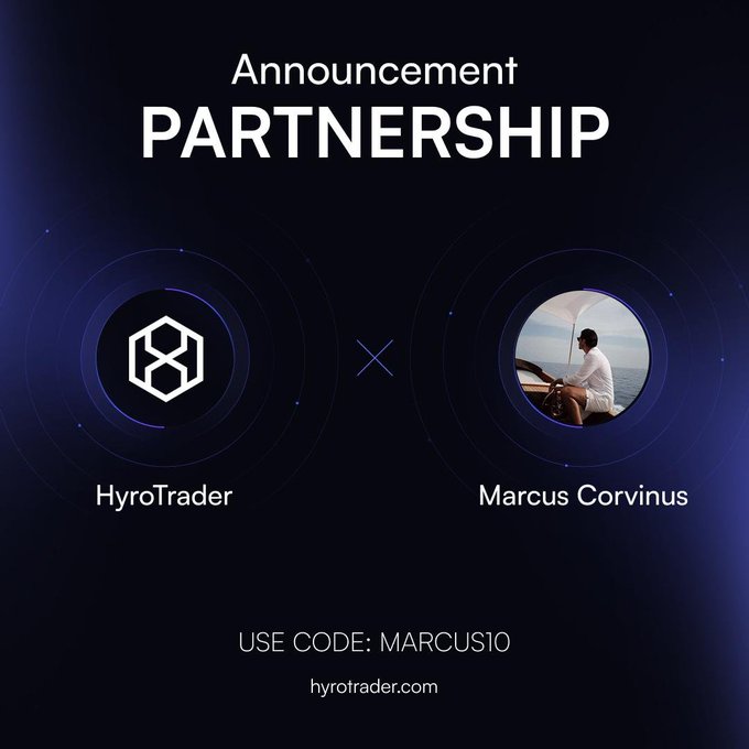 This image announces a partnership between HyroTrader and Marcus Corvinus, featuring their logos and names. The accompanying post details a $50,000 trading challenge with HyroTrader.