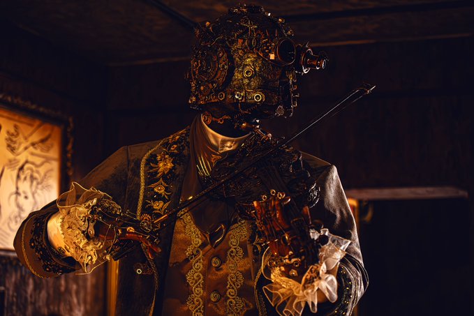 A steampunk-style robotic figure wearing a top hat, goggles, and an ornate gold vest holds a violin, standing in a dimly lit wooden room.