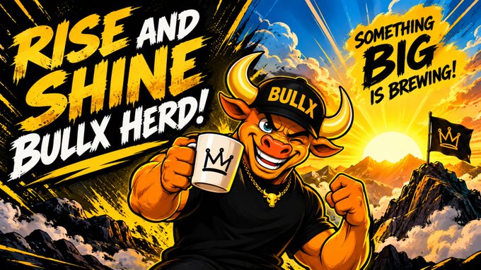 A vibrant cartoon advertisement featuring a muscular bull character wearing a 'BULLX' cap and gold chain, holding a mug with a crown logo, surrounded by the text 'RISE AND SHINE BULLX HERD!' and 'SOMETHING BIG IS BREWING!'