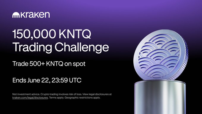 The image features a purple banner that announces a trading challenge with an enticing offer of a reward pool for participating. The challenge appears to be centered around KNTQ, as indicated by the text "Trade KNTQ on spot". A silver coin is placed on top of a gold pedestal in the bottom right corner of the image, emphasizing its significance and attracting attention.