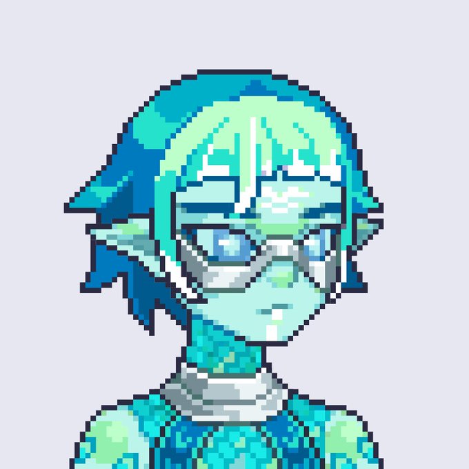 A pixel art portrait of a blue-skinned character with short teal hair wearing glasses and a green and blue patterned outfit.