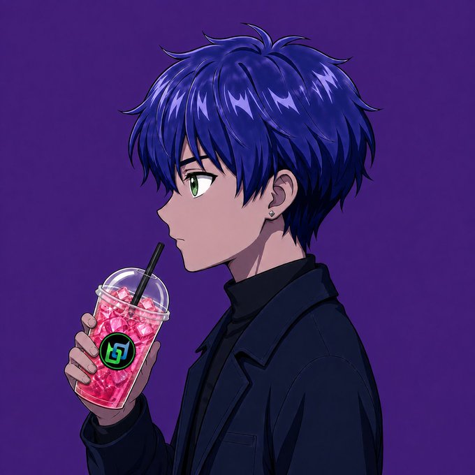 An anime-style illustration shows a character with blue hair and green eyes holding a clear cup filled with a pink iced beverage featuring a green logo, set against a purple background.