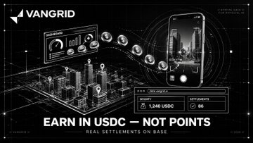 A VANGRID promotional banner reading 'EARN IN USDC – NOT POINTS' and 'REAL SETTLEMENTS ON BASE', featuring a city map, smartphone, and USDC balance of 1,240.