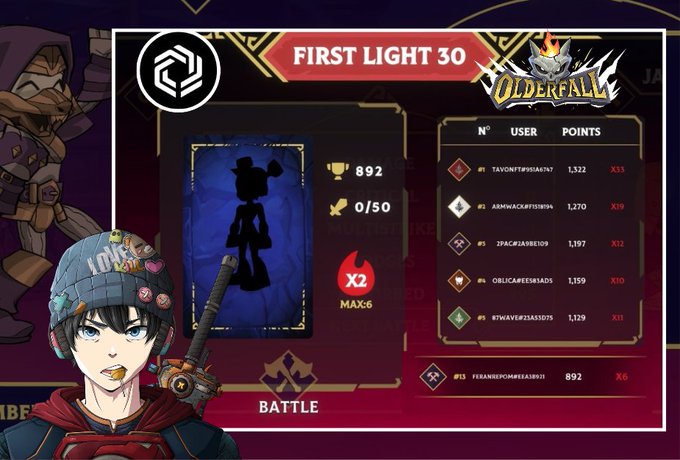 A game interface from 'OLDERFALL' displaying 'FIRST LIGHT 30' with a character avatar, a battle card, and a user leaderboard ranking players by points.