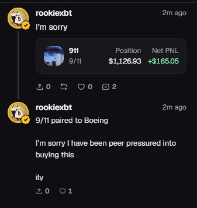 A social media screenshot shows user "rookiexbt" apologizing for shilling the token "$911" (referencing 9/11), which has a position of $1,126.93 with a net PNL of +$165.05, explaining he was "peer pressured into buying this." The post then notes "9/11 paired to Boeing," joking that the token name is tied to the September 11th Boeing disaster. This image supports the accompanying commentary mocking how RookieXBT, once a high-roller with $10M months, has apparently fallen to shilling low-effort memecoins for a mere $165 profit.
