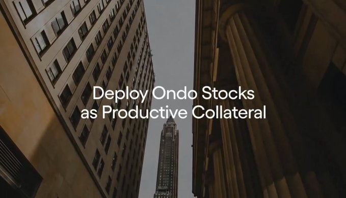 A low-angle shot of towering skyscrapers with the text 'Deploy Ondo Stocks as Productive Collateral' overlaid in white.