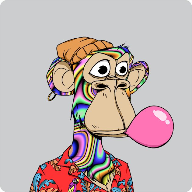 A vibrant, psychedelic-style Bored Ape Yacht Club (BAYC) NFT featuring a rainbow-swirled ape blowing a pink bubblegum bubble while wearing a beanie and a red Hawaiian shirt, matching the post's mention of a Bored Ape selling for $51k amid increased BAYC trading activity.