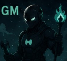 A dark illustration features a hooded, masked figure holding a flaming torch with the letters 'GM' in teal in the upper left corner.