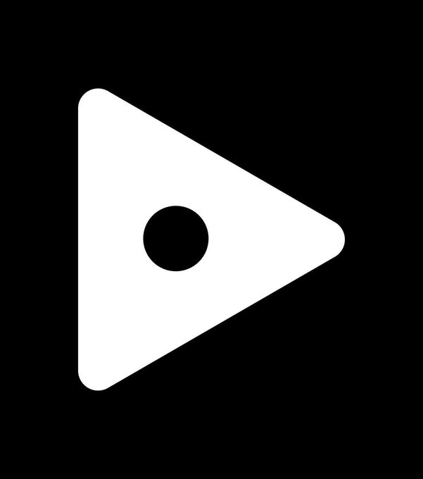 A minimalist black and white play button icon consisting of a white triangle pointing right with a black circle in the center on a solid black background.