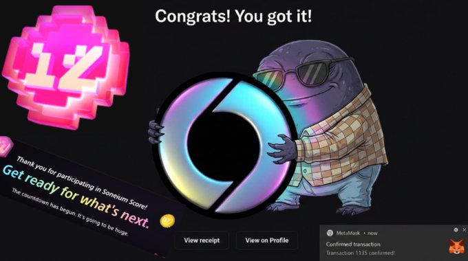 A digital interface displays 'Congrats! You got it!' with a cartoon character wearing sunglasses holding a glowing circle icon, alongside a pink gem labeled '12' and text reading 'Get ready for what's next'.
